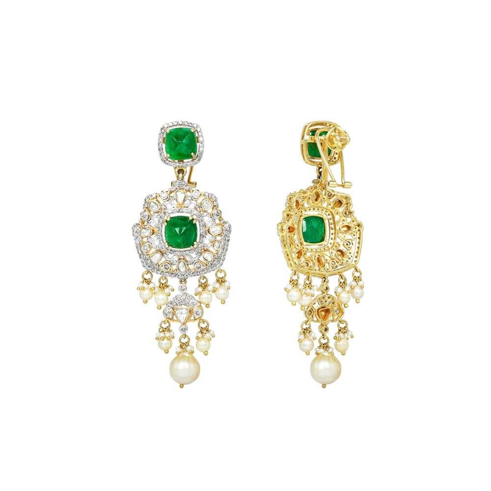 Emerald and Polki Earrings with Pearls